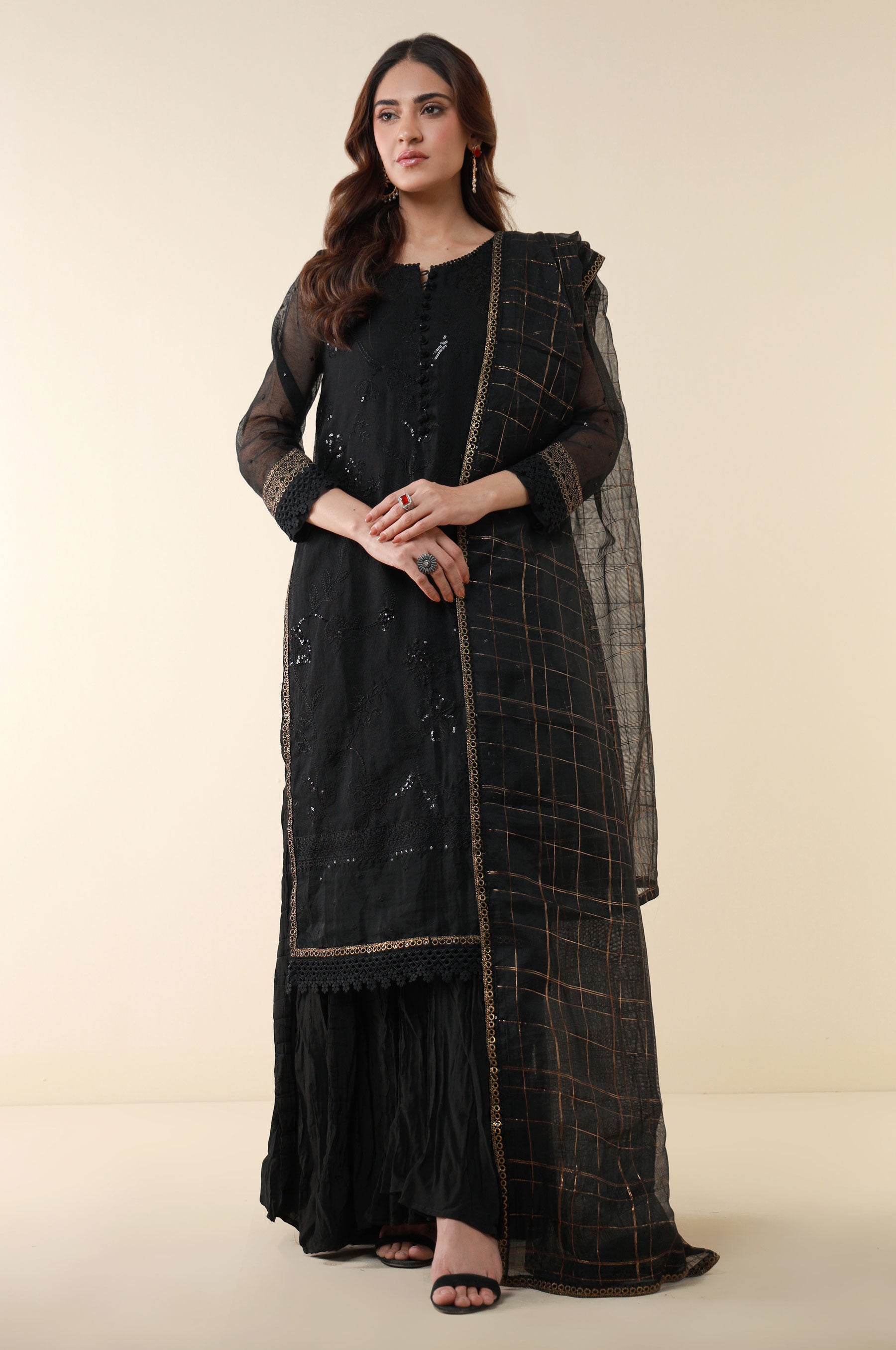 Unstitched 3 Piece Embroidered Khaddi Net Shirt With Checkered Lurex Dupatta